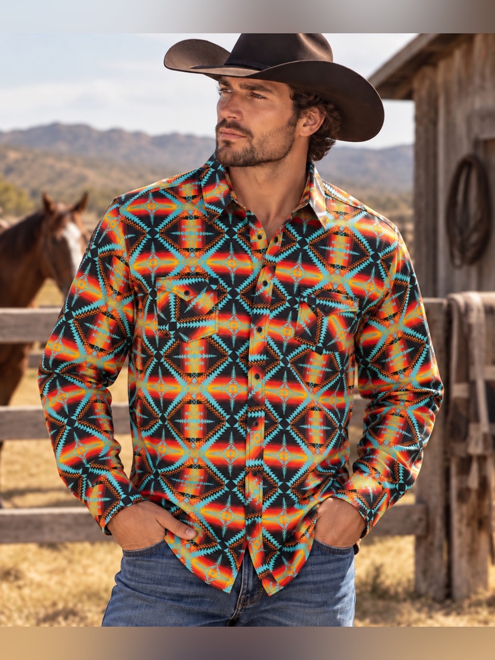 Rock & Roll Denim Southwestern Print Button-Down Shirt - Orange & Turquoise